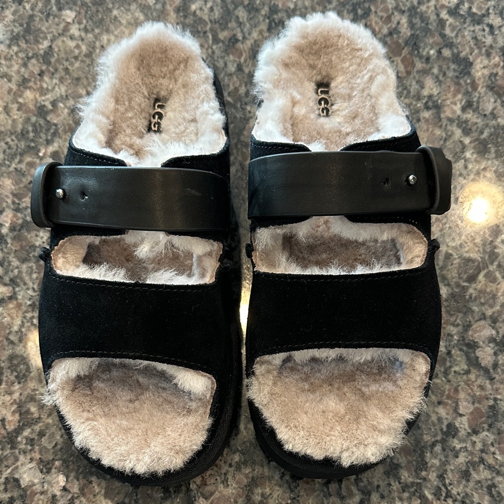 New UGG Women’s Greenport Cozy Black Slide Sandals, Size 7